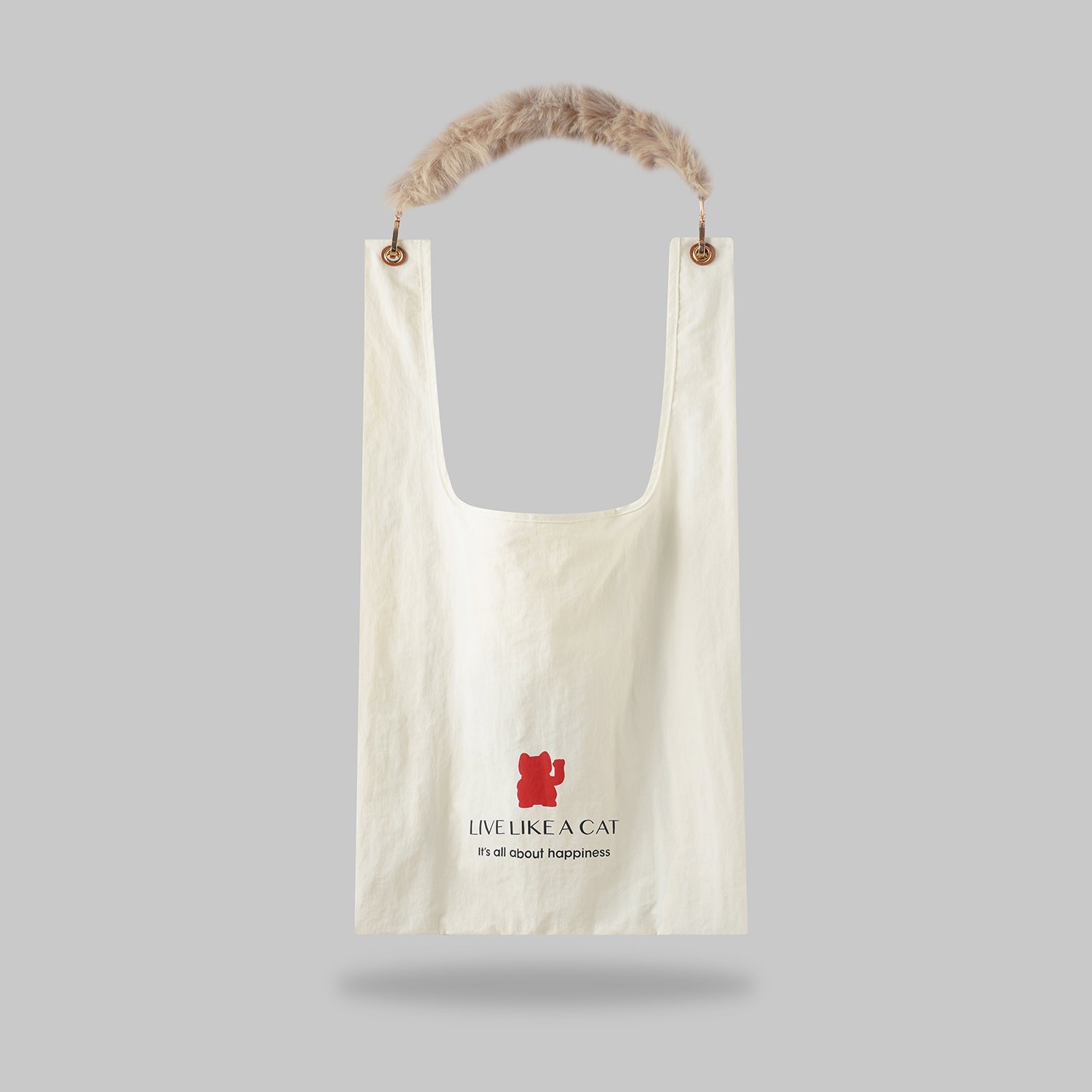 RETRO LUCKY CAT Shopping bag with removable faux fur strap |Maneki