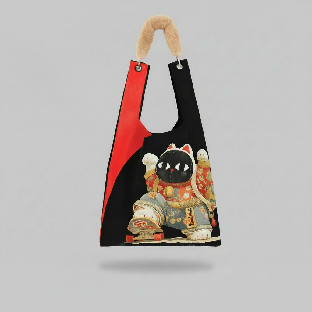 Toby Black Skateboarding Lucky Cat tote bag front view with Maneki-neko print and fur strap