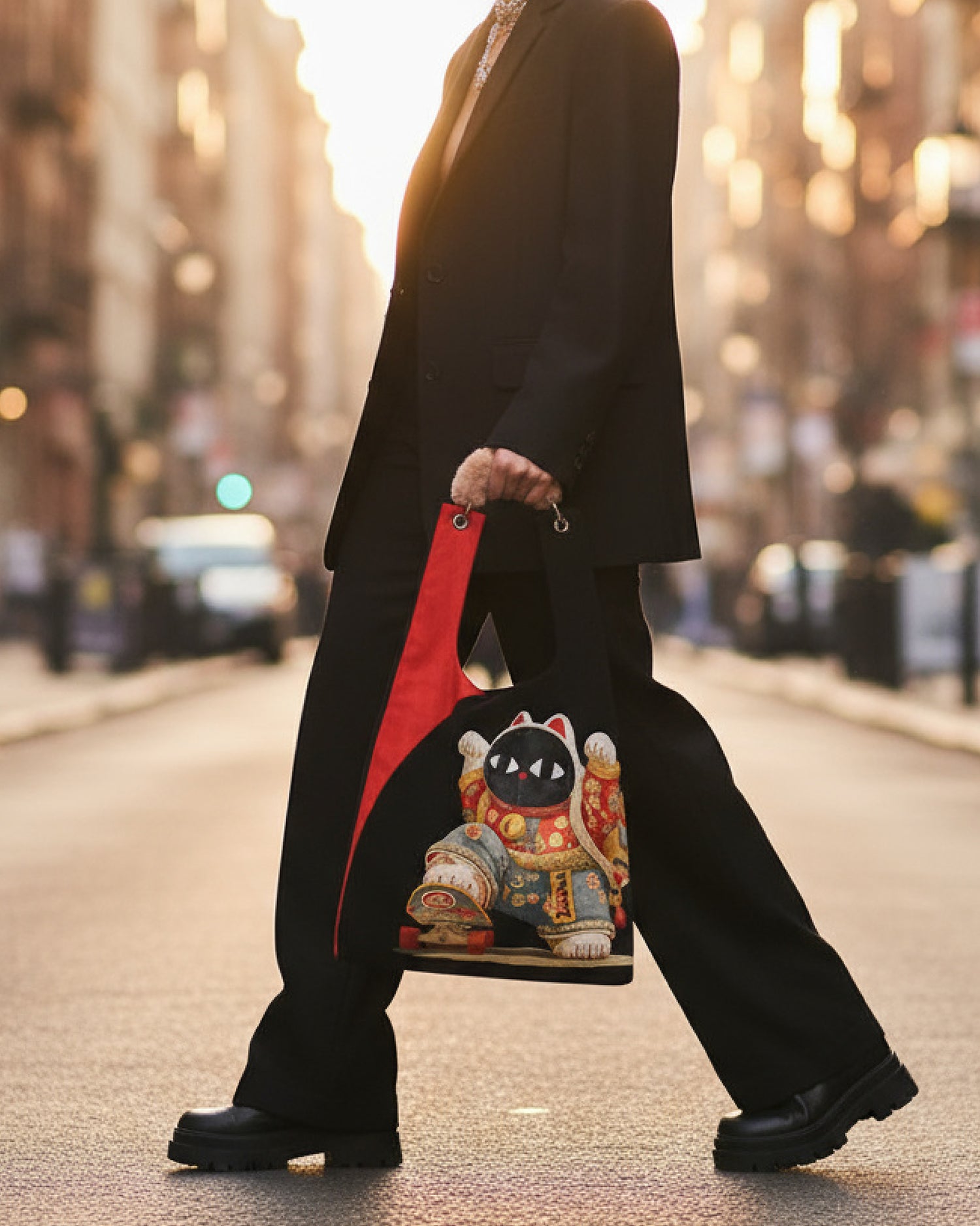 Model carrying Toby Black Lucky Cat tote bag on city street with black coat