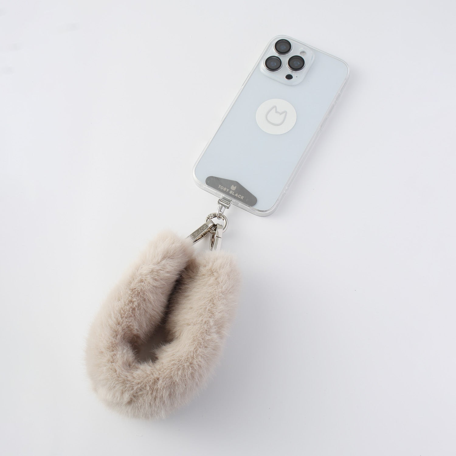 Beige Fur Bag Strap/Wrist Strap with Phone Strap Adapter