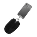 Phone case with black fluffy keychain  strap on a white background