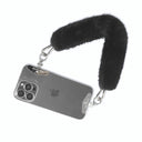 Phone case with a black fluffy strap on a white background