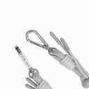Silver carabiner with gray rope on a white background