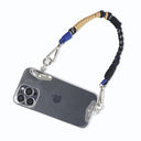 Phone case with a blue and beige braided strap on a white background