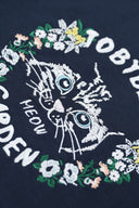 Toby Black Garden Cat sweatshirt - detailed embroidery of cat face with floral wreath and "MEOW" text