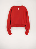 Rear view of cropped pullover in scarlet with small feline emblem at neck