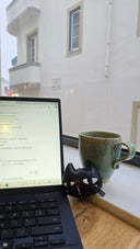 Laptop on a desk with a mug and cat DND, outdoors.