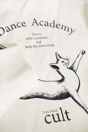 Close-up of "Dance Academy" dancing cat print detail