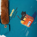 Close-up front view highlighting the playful toby cat themed graphic