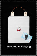 Toby Black standard packaging with canvas dust bag, red ribbon and greeting card